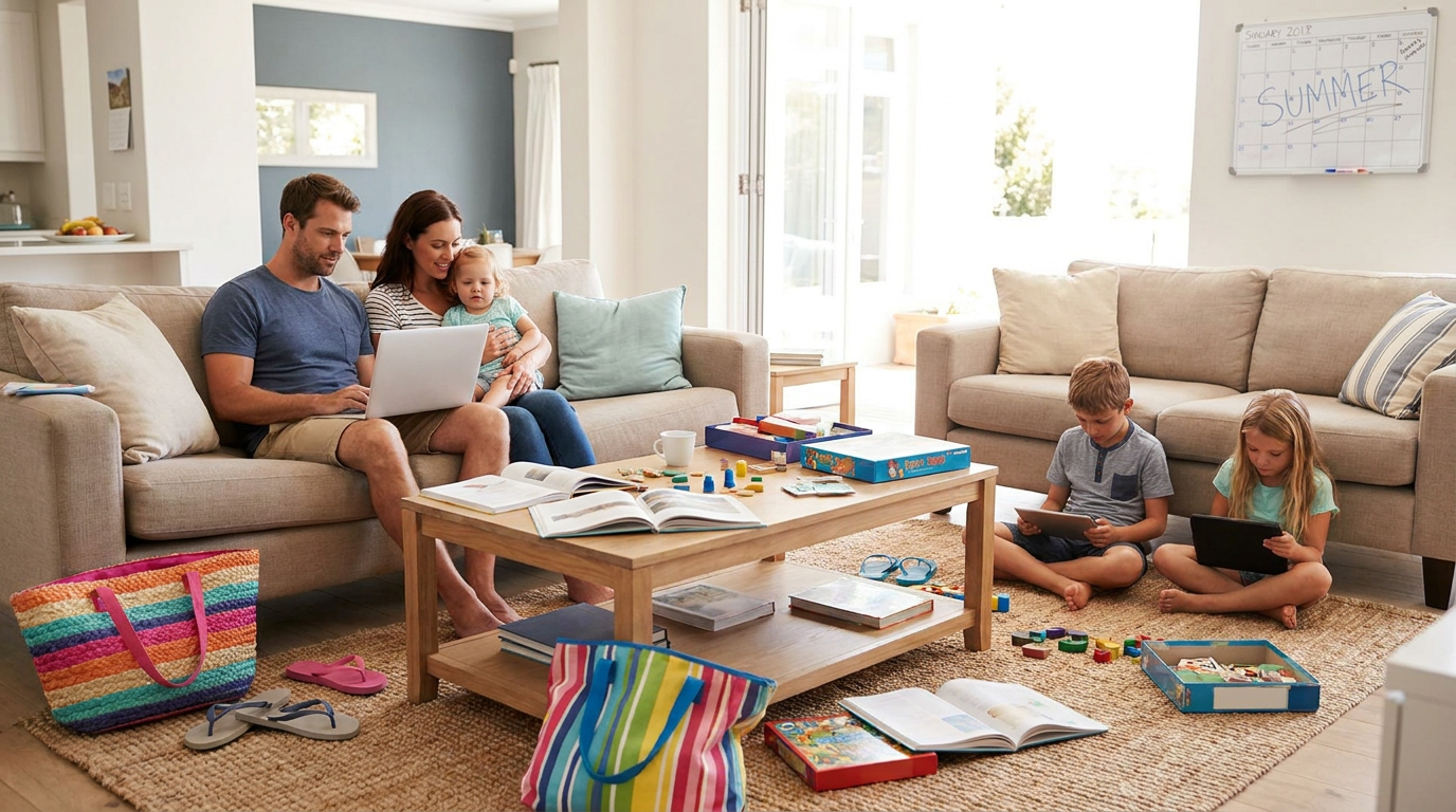 family systems therapy summer scene with parents and toddler on sofa using laptop, and two children on floor with tablets.
