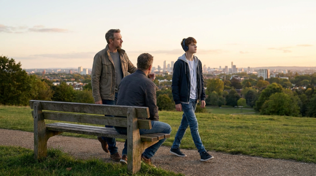 two fathers and a teen boy with headphones in a park, overlooking a city, illustrating father teen mental health.