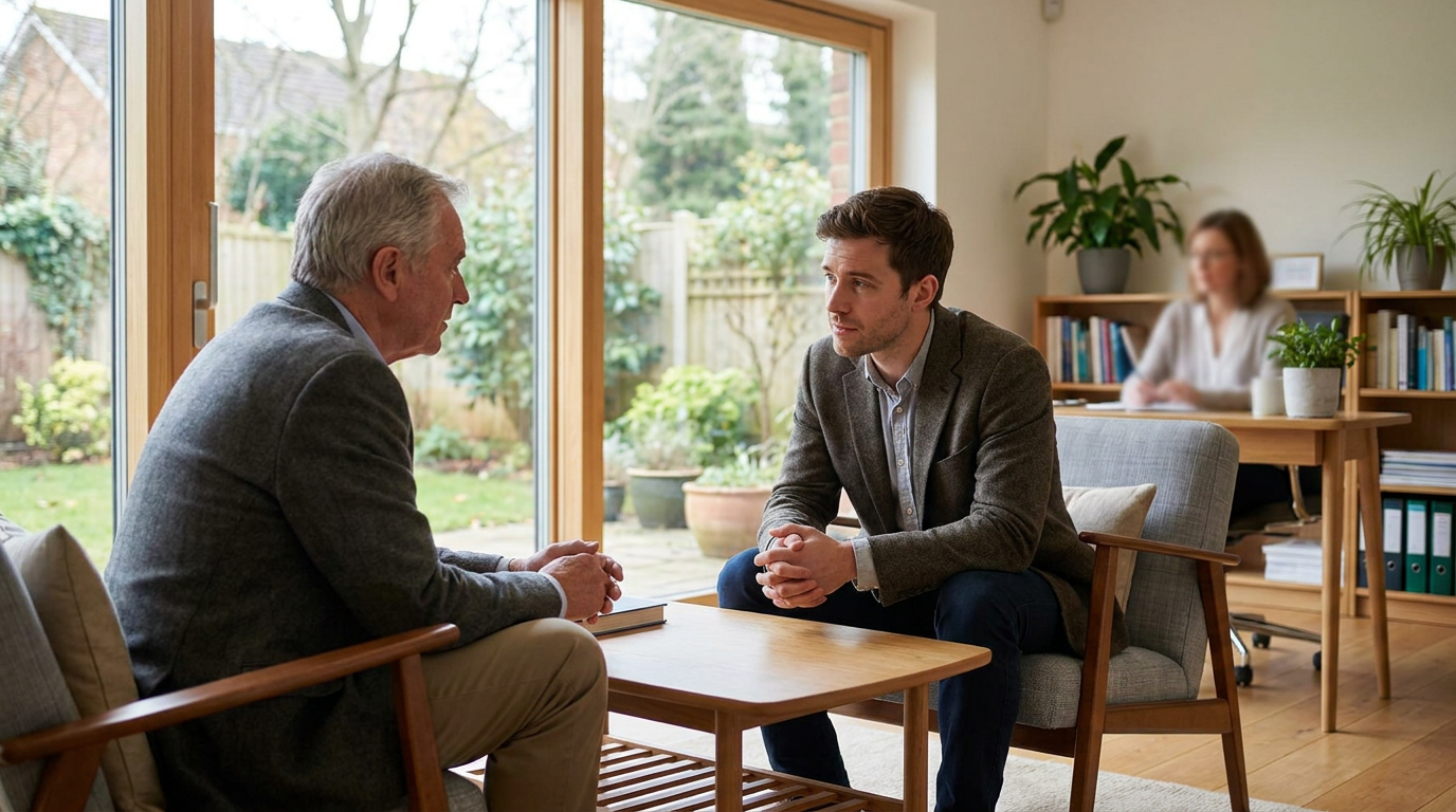 two men in a living room, discussing father relationship therapy while a woman works in the background.