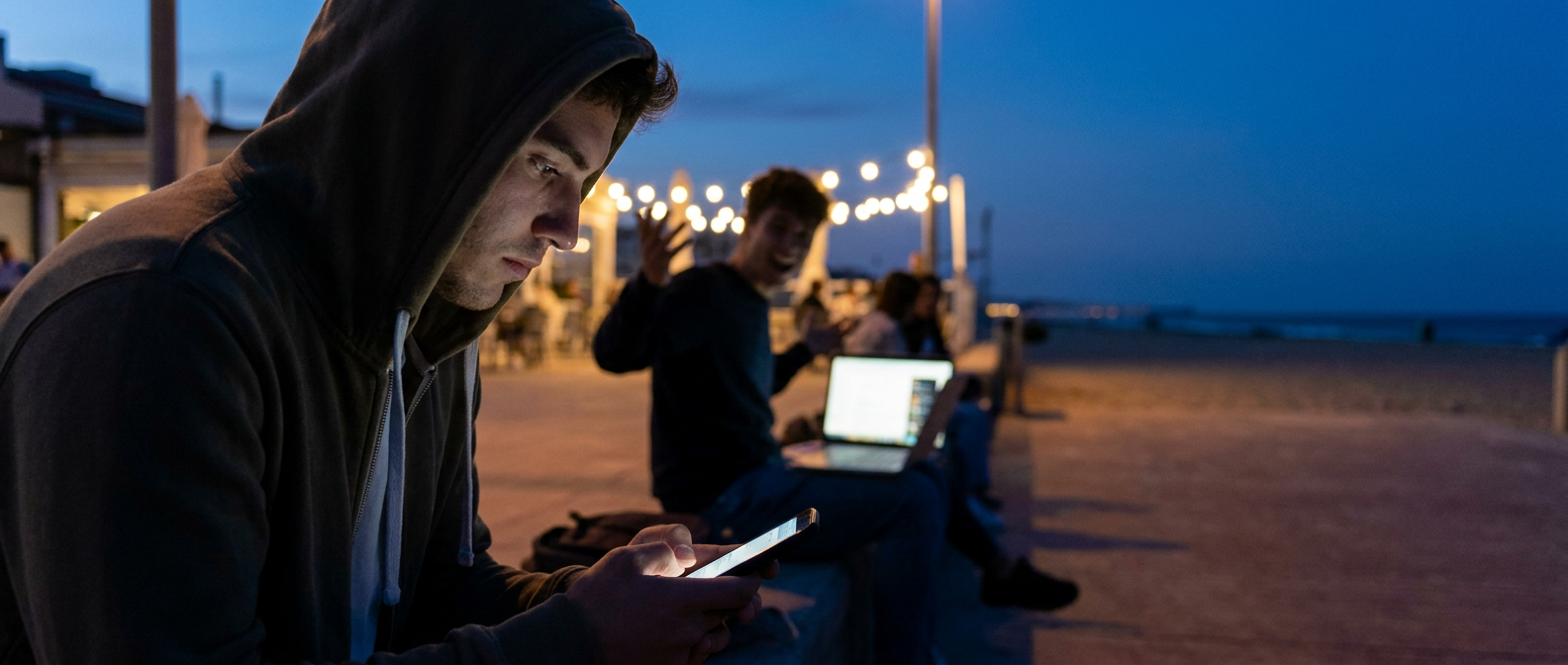a young man in a hoodie scrolls on his phone at night, potentially needing summer job rejection therapy.