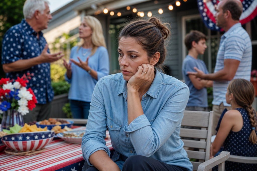 a woman looking dejected amid arguing family members, representing 4th of july family stress.