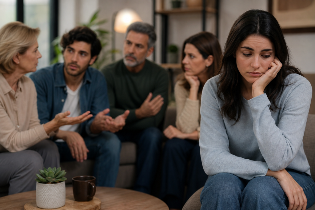 sad woman reflecting on unhealthy family signs, family dynamics, and toxic family relationships during group therapy.