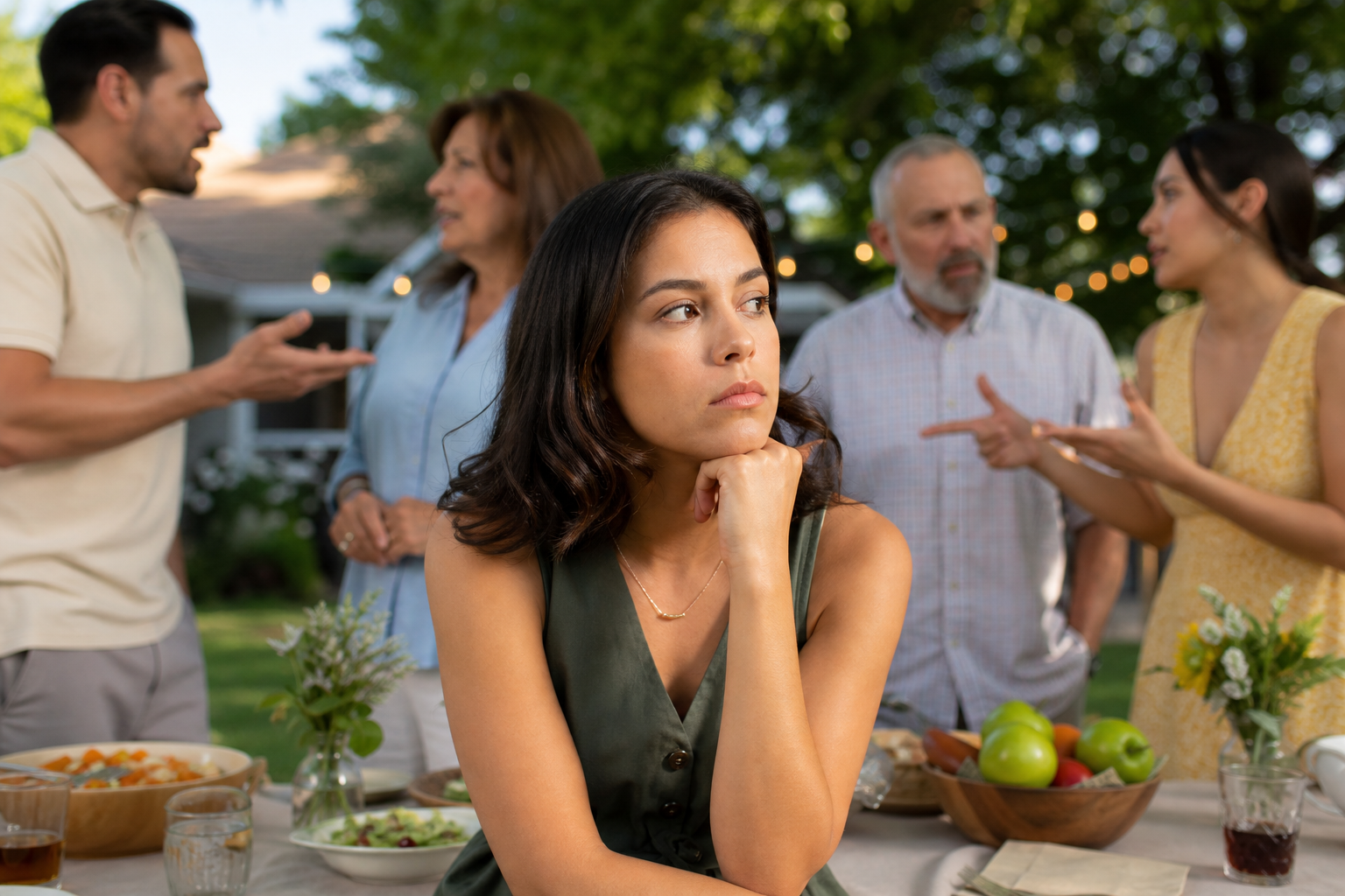 young woman looking away anxiously, surrounded by arguing family, reflecting on healthy boundaries with extended family.