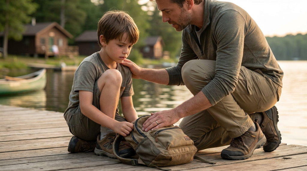 father and son packing a backpack on a dock, illustrating summer camp anxiety