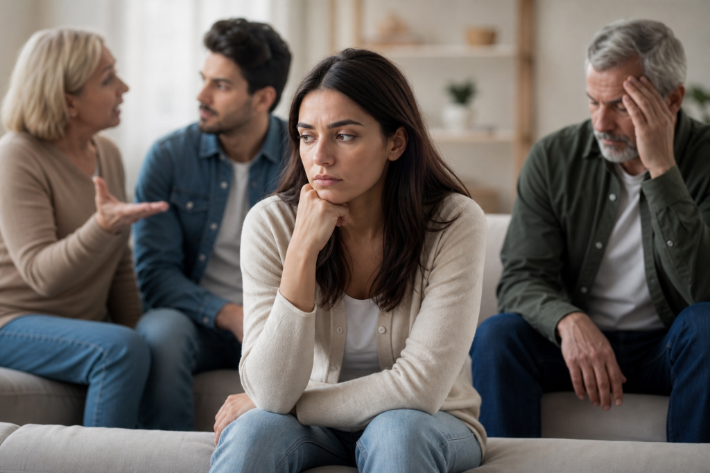 a young woman deeply lost in thought, alongside a family processing family trauma.