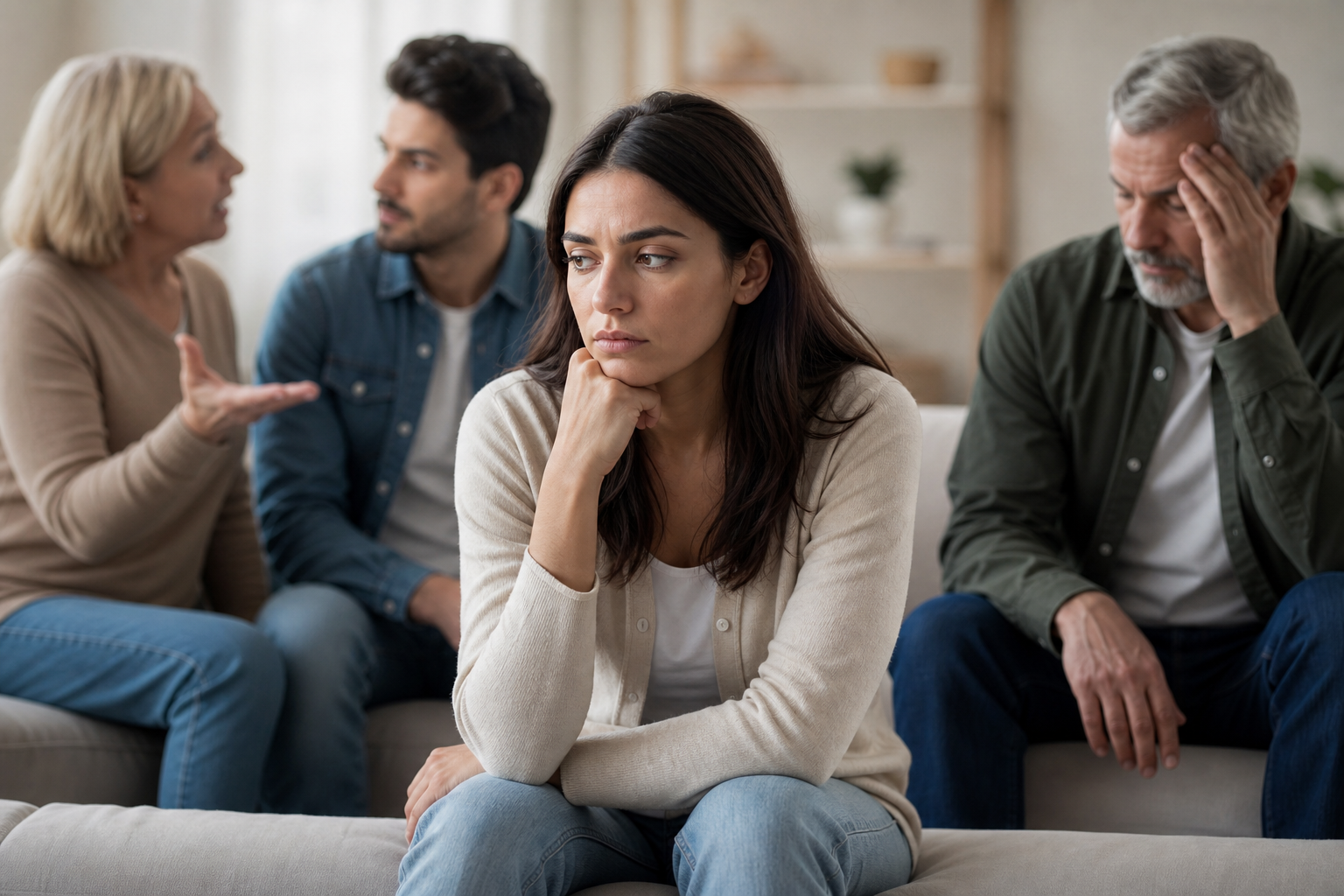 a young woman deeply lost in thought, alongside a family processing family trauma.