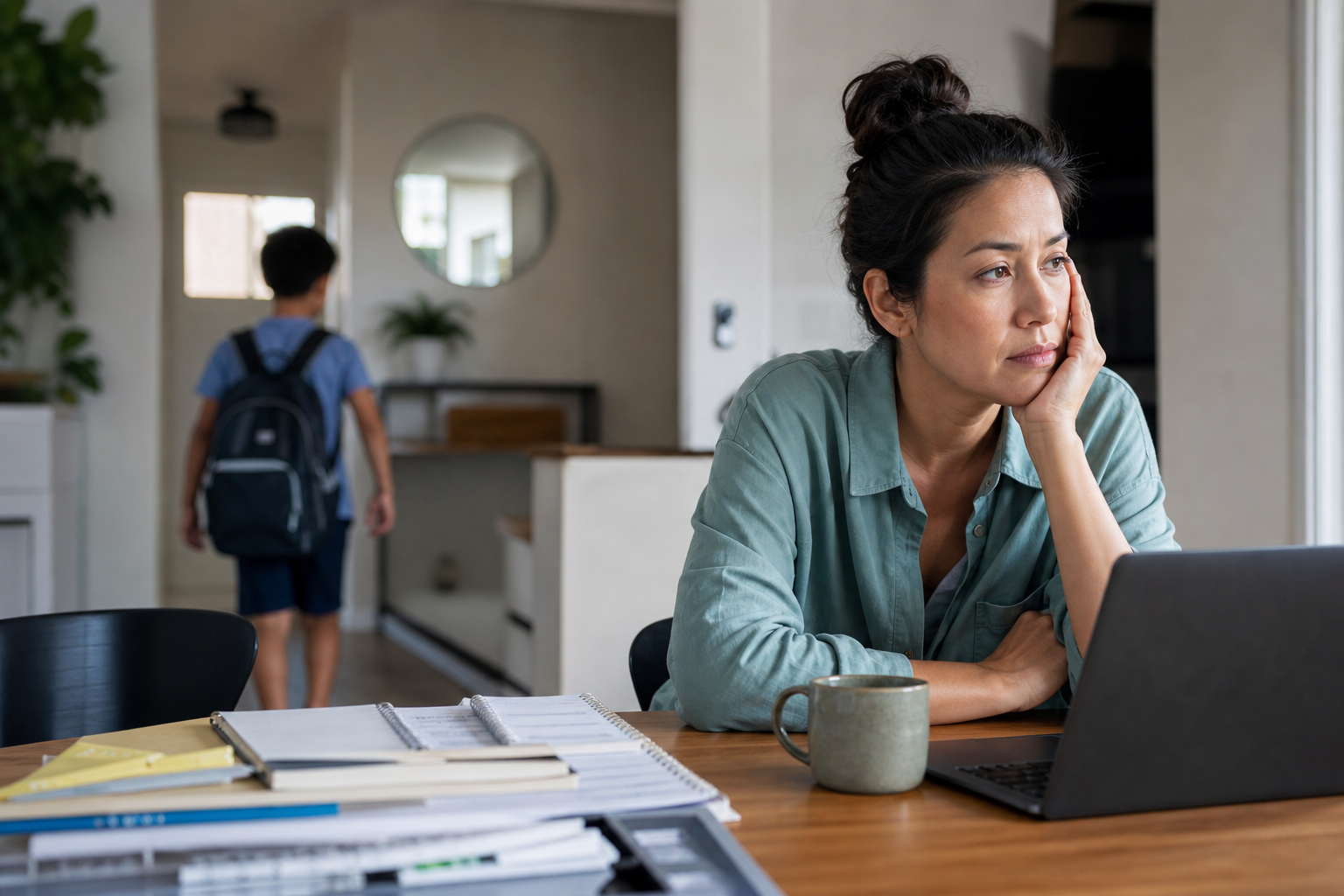 a pensive woman at a laptop experiencing parent back-to-school anxiety as her child walks away with a backpack.