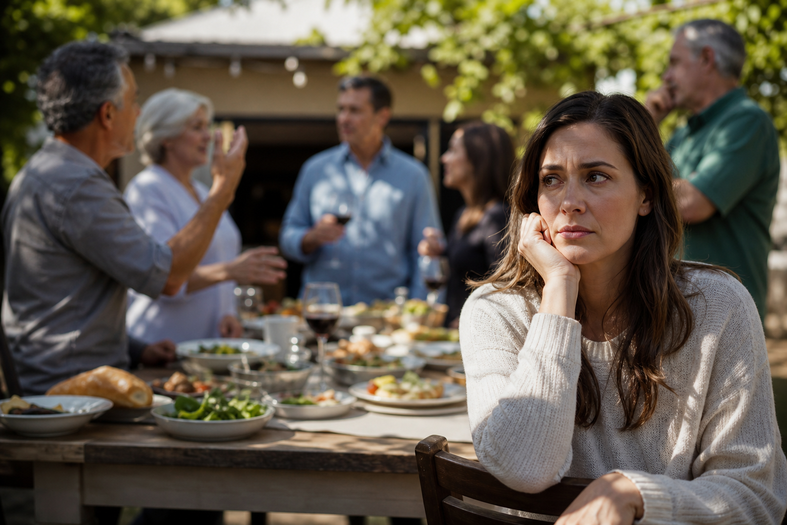 a pensive woman, chin in hand, sits at a dinner table during a family gathering, reflecting on navigating family gatherings.