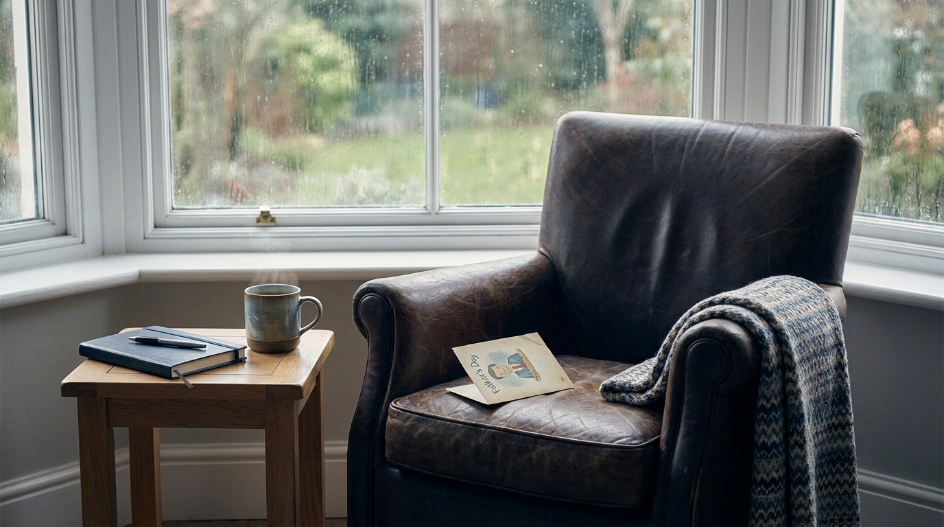 a cozy armchair with a father's day card and a notebook, perfect for fathers day therapy.