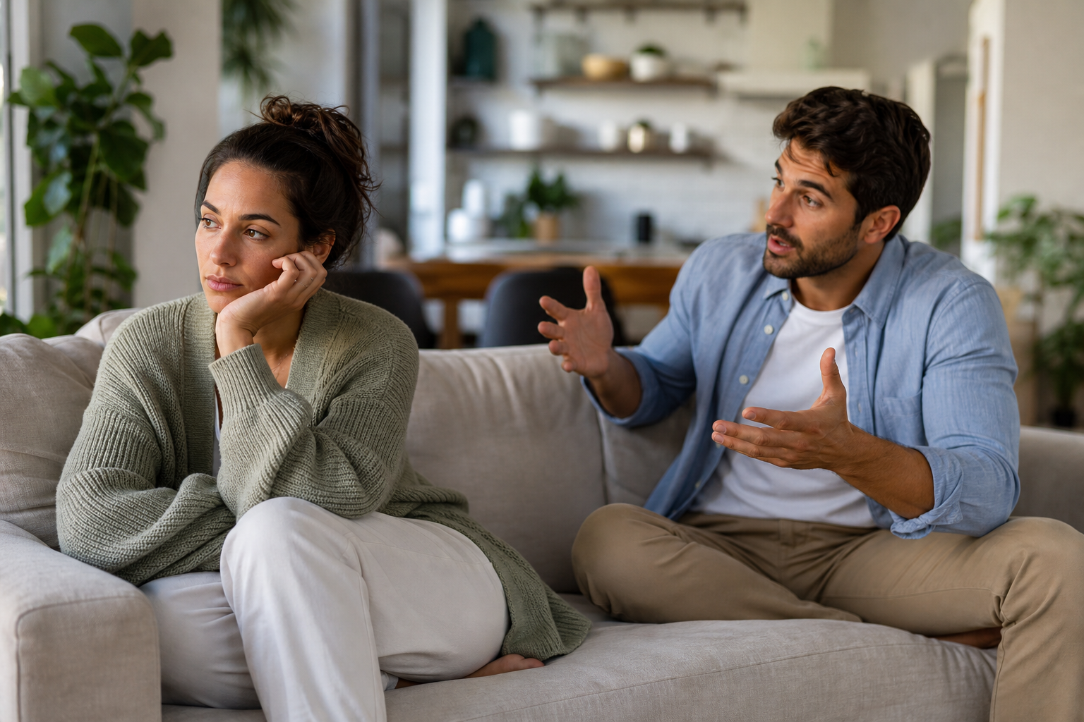 frustrated man talking to an unresponsive woman portray couples with different social needs on a sofa.
