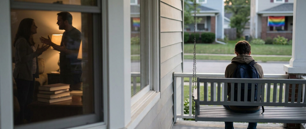 lonely queer youth on a porch swing, parents arguing inside, highlighting lgbtq youth family conflict.