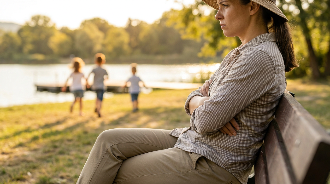 a woman in a straw hat sits on a bench with crossed arms while children play, representing summer parental anxiety.