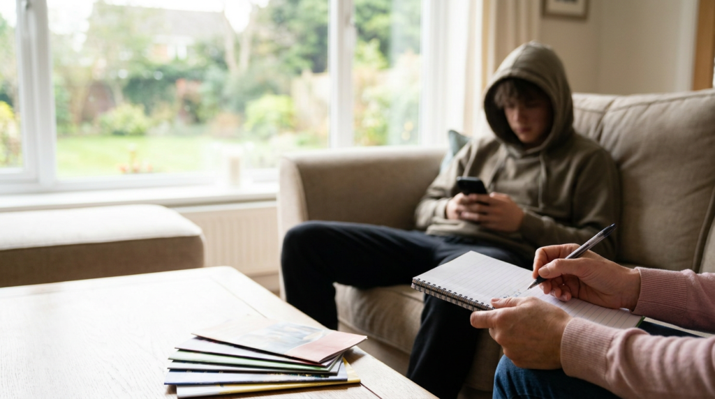 teenager on phone, person taking notes; possible teen depression symptoms evaluation.