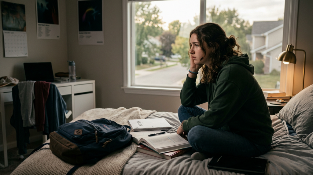 teen girl sitting on bed looking out window with backpack and books, experiencing teen back to school anxiety.