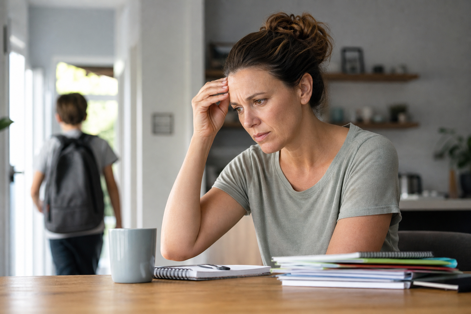 stressed mom with hand on forehead, child with backpack walking away, depicting parental back to school anxiety.