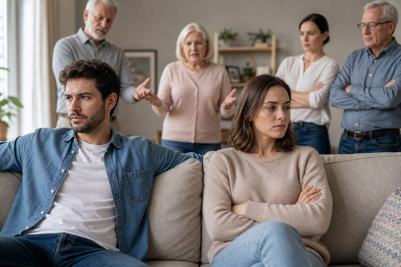 upset couple on couch ignoring four disapproving family members, showing family boundary violations.