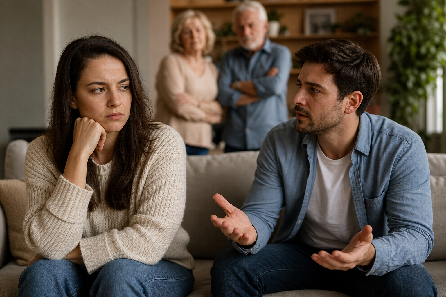upset woman and gesturing man on couch, older couple blurred in background, needing emotional safety in relationships.