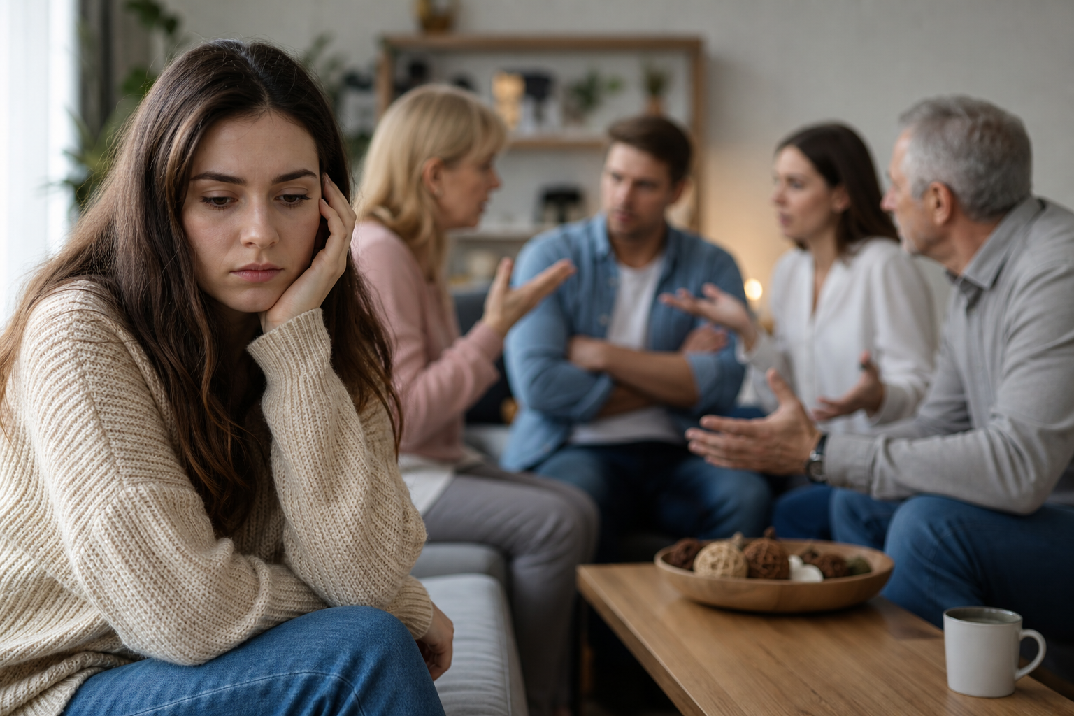 young woman feeling sad, distant from arguing family members, representing fear of rejection family conflict.