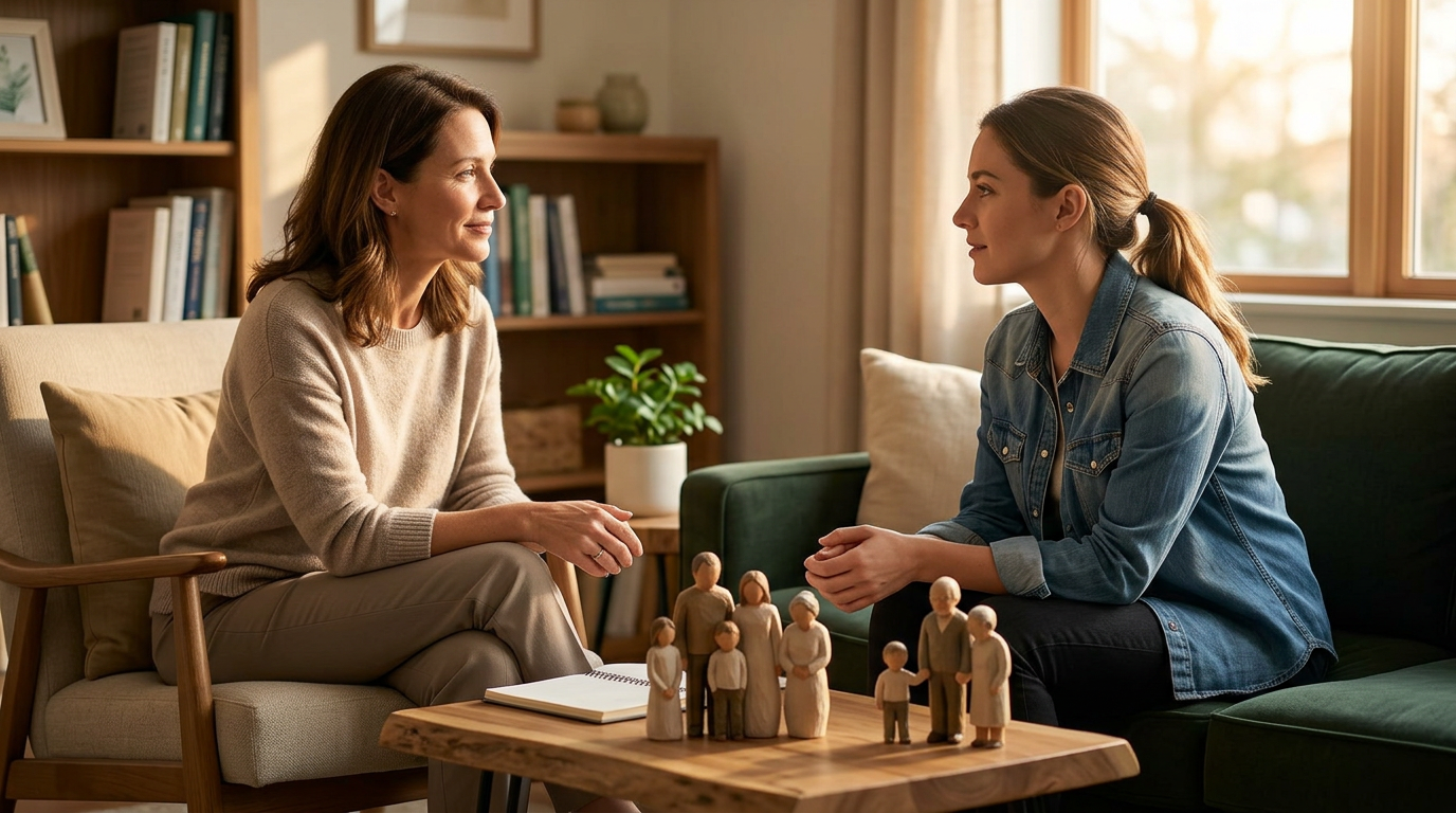 two women discuss family of origin therapy with wooden family figurines on a coffee table.