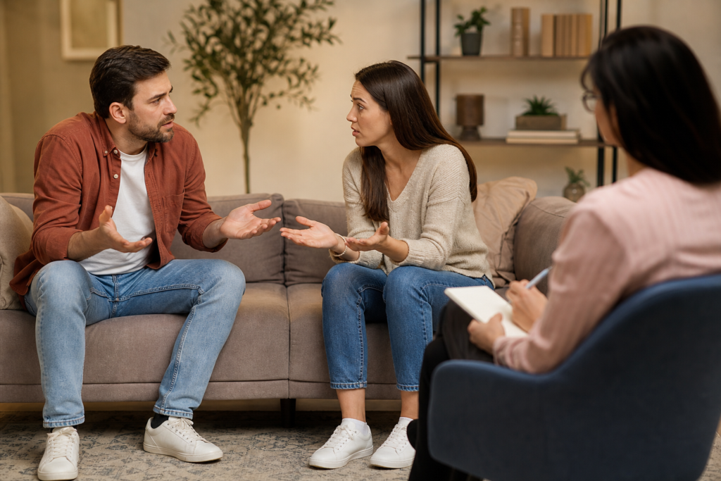 couple and therapist discussing couples therapy communication skills during a session.