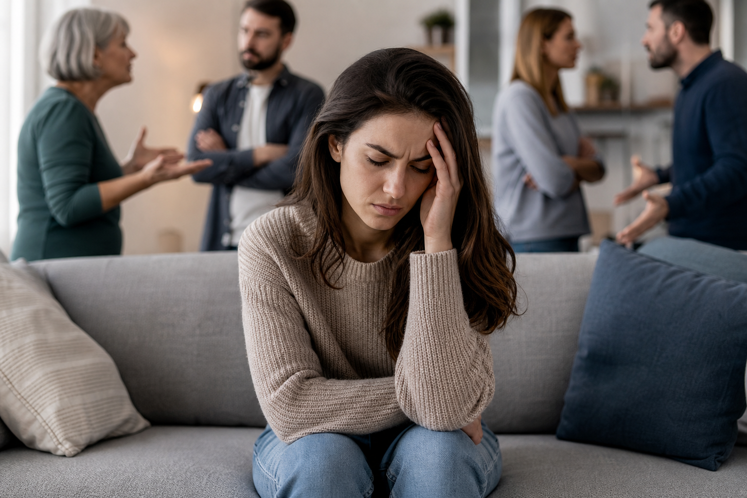stressed young woman on couch as family argues, showing impact of toxic family relationships on mental health.