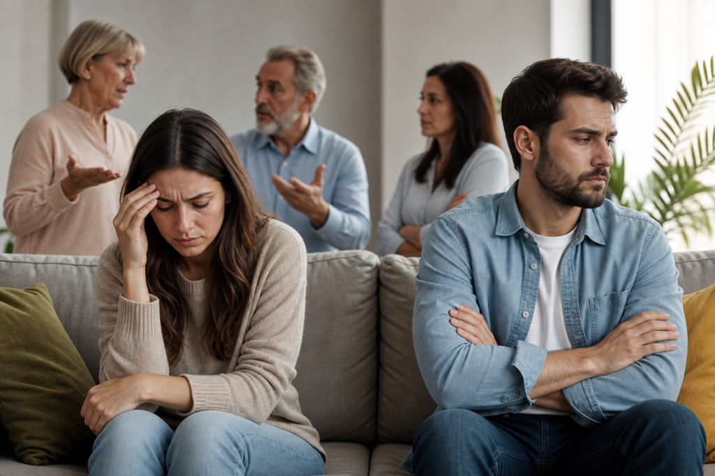 distressed young couple on couch, older family members arguing, showing guilt patterns family relationships.