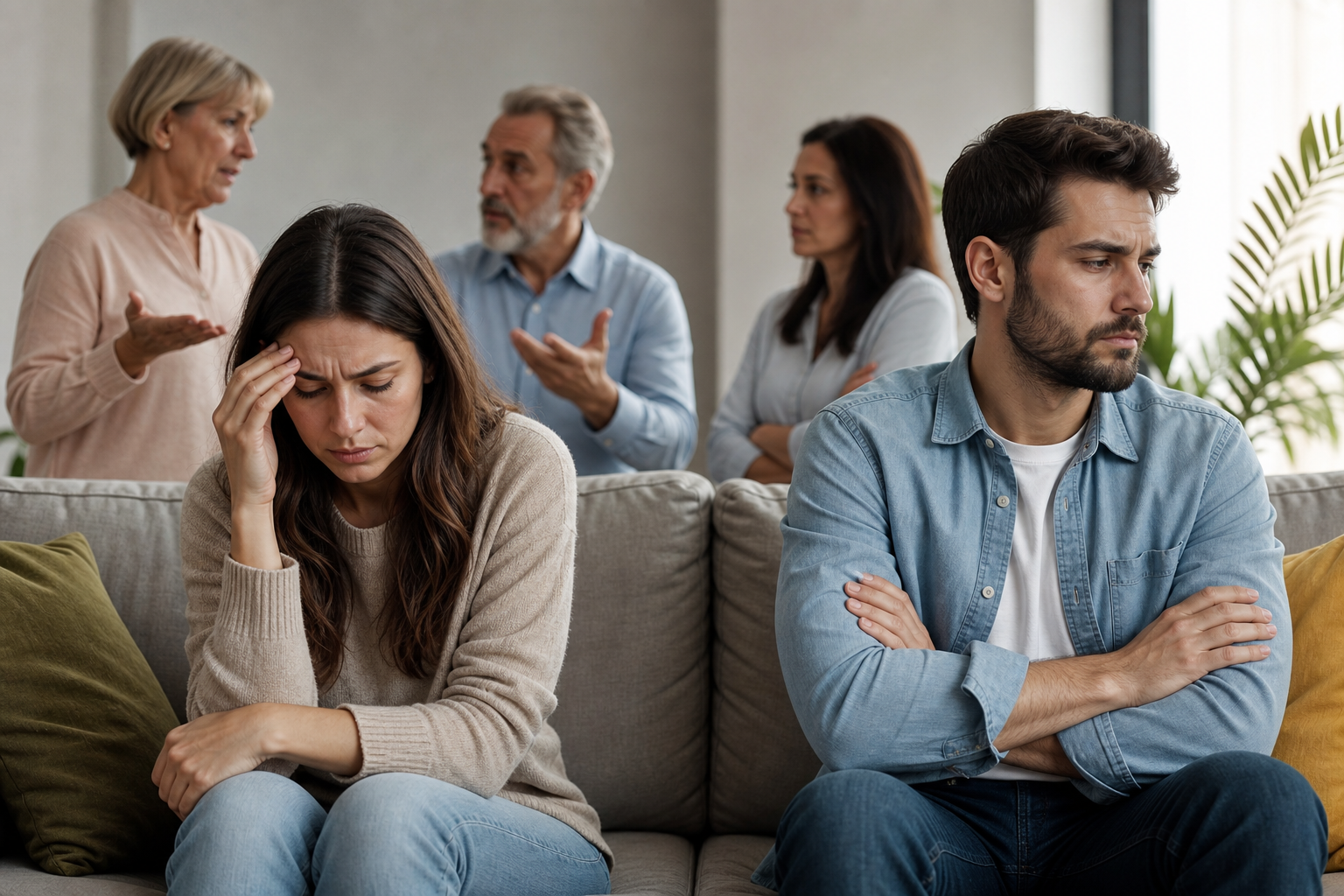 distressed young couple on couch, older family members arguing, showing guilt patterns family relationships.