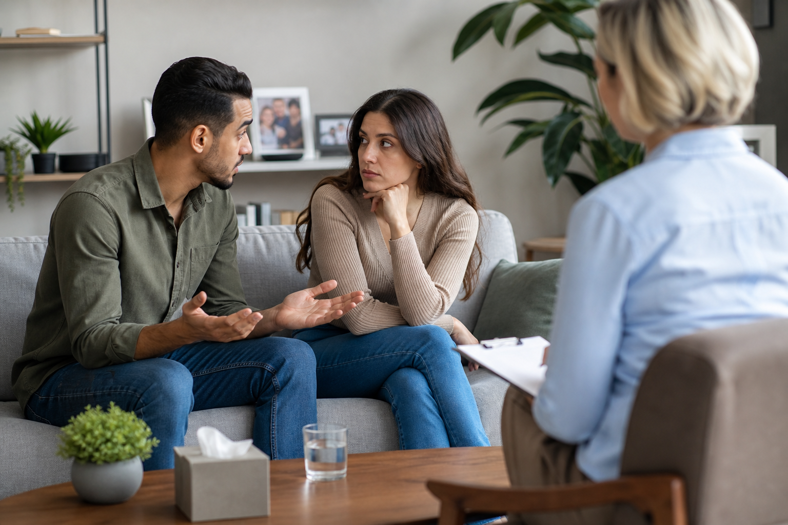 couple discussing issues during couples therapy family boundaries session with a female therapist.