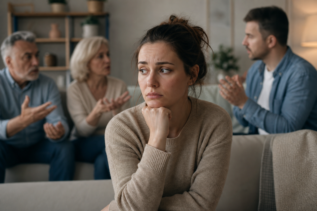 anxious young woman sitting while family members argue, depicting boundary setting anxiety adults.