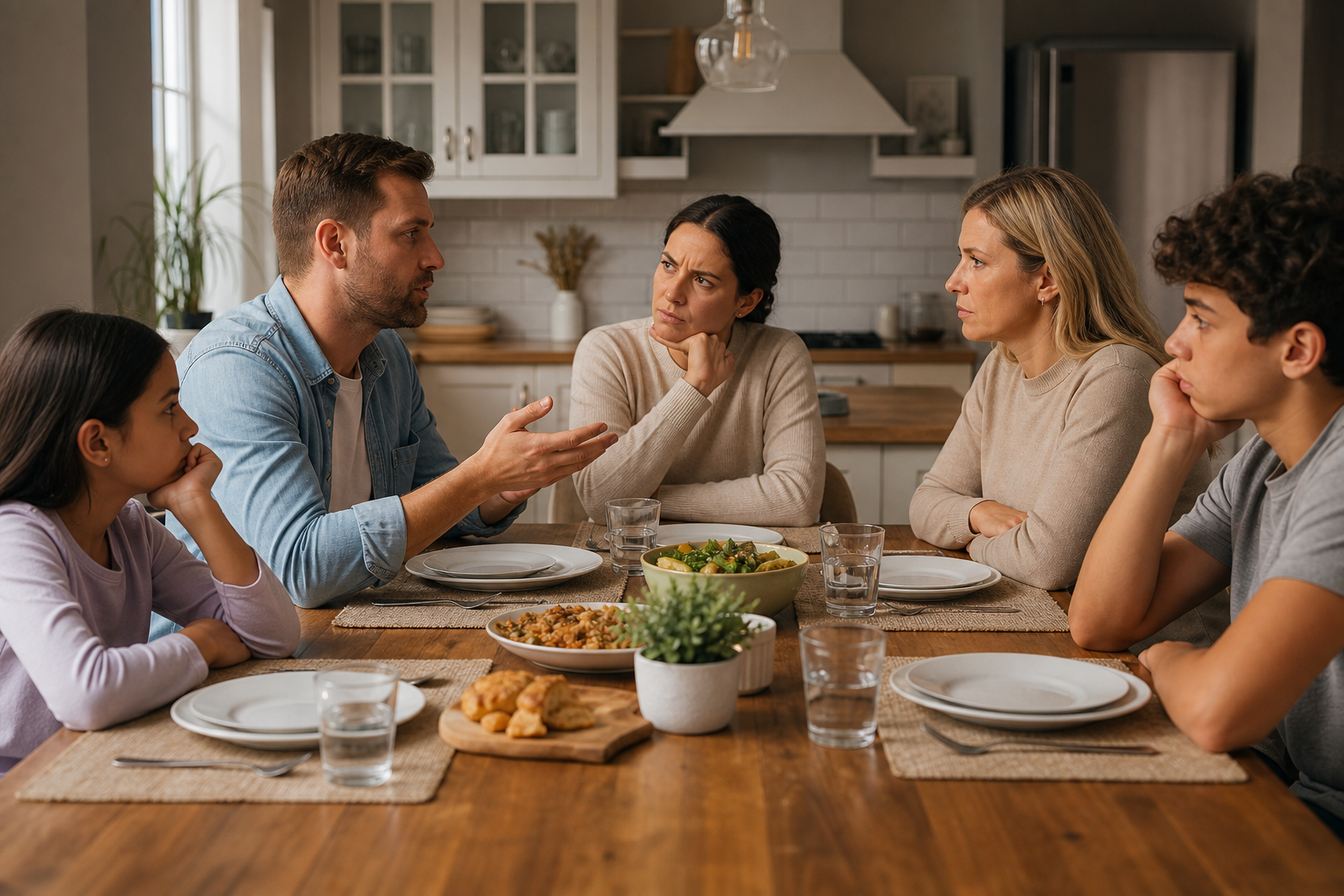 blended family discussing values conflict at dinner, serious expressions on parents and children.
