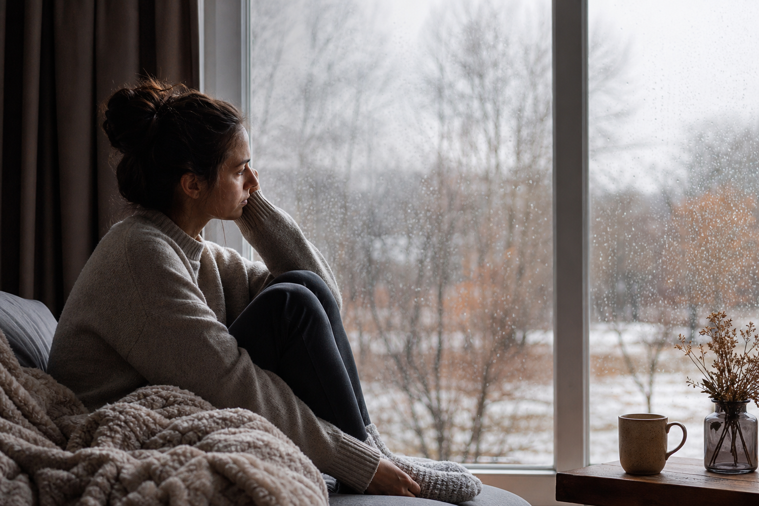 woman looking out a rainy window, experiencing seasonal depression anxiety during winter.