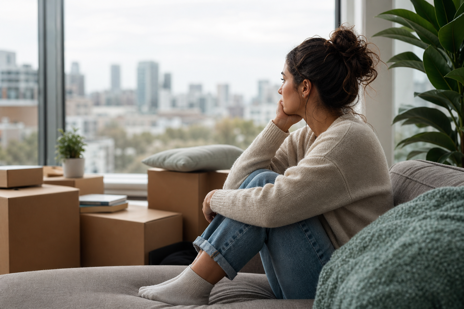 young woman sitting sadly on a couch looking out a window, needing therapy for young adults.
