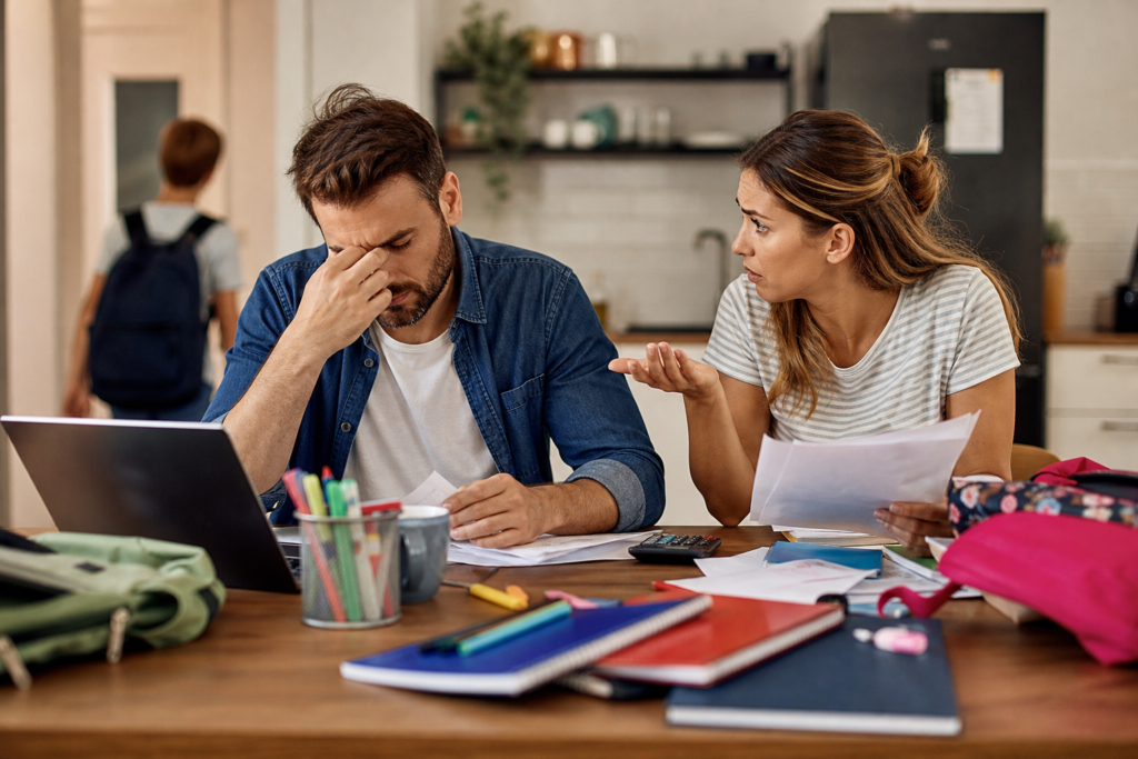 stressed couple arguing about finances and school supplies, reflecting couples therapy back-to-school stress.
