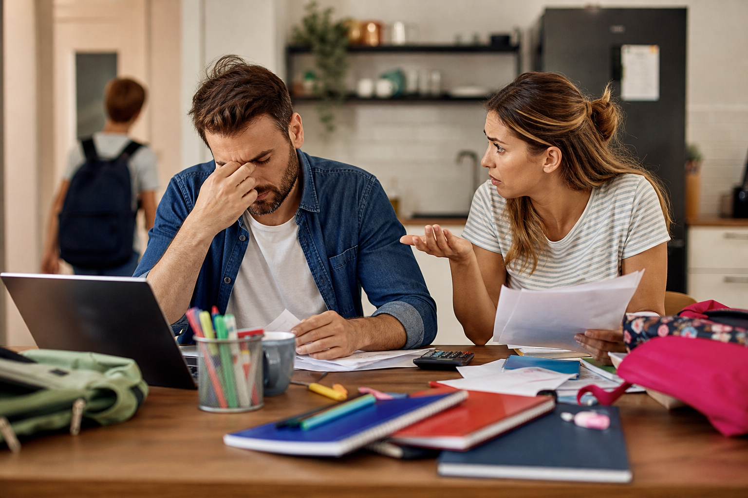 stressed couple arguing about finances and school supplies, reflecting couples therapy back-to-school stress.