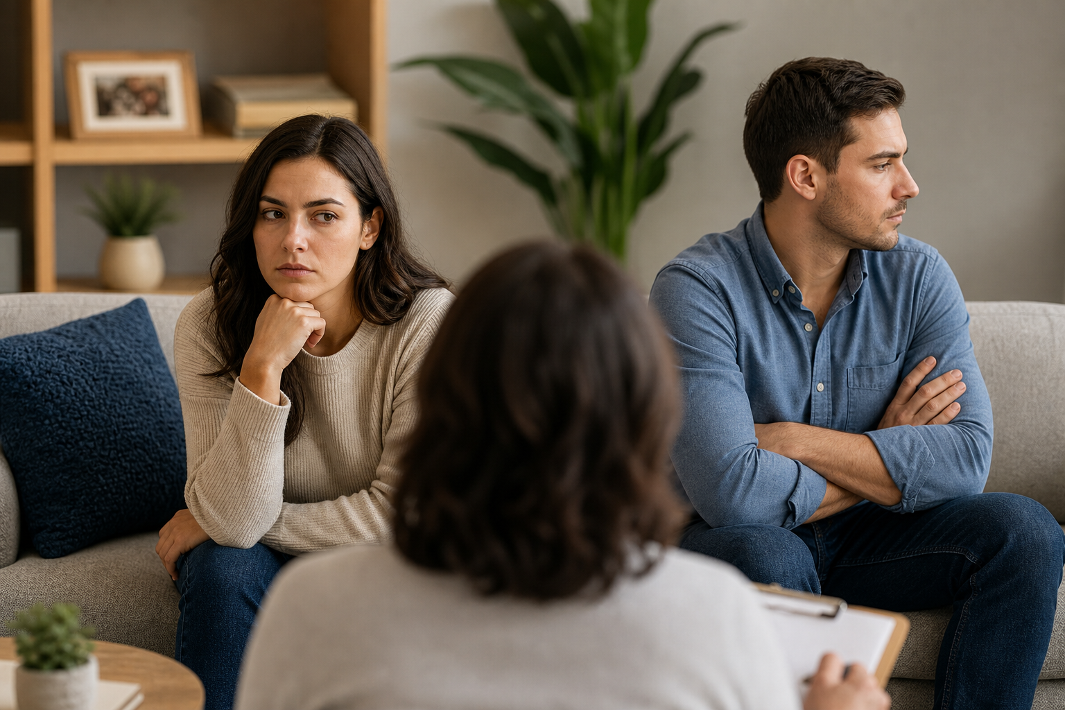 unhappy couple in couples therapy after break, looking away from each other with therapist taking notes.