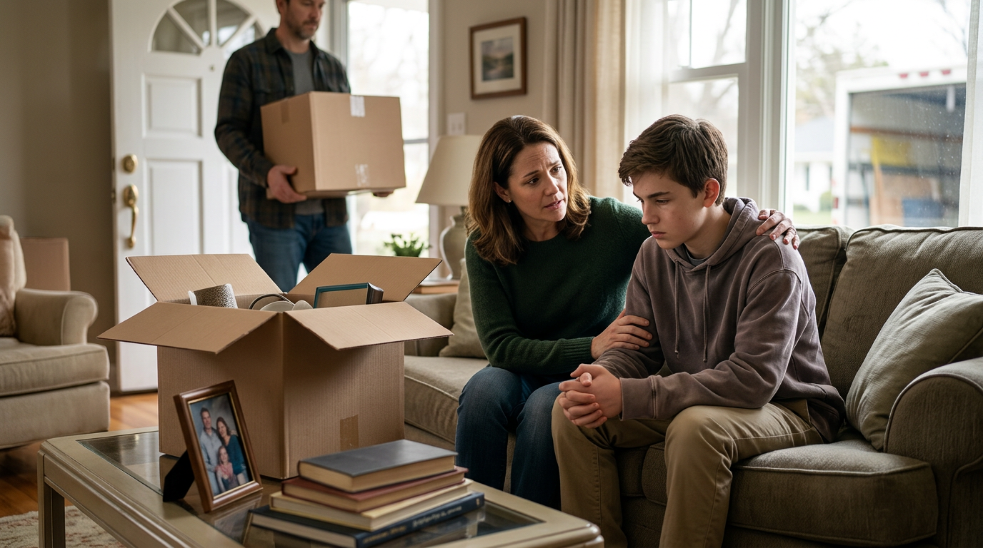 mother comforting sad son in living room with moving boxes, reflecting family of origin patterns.