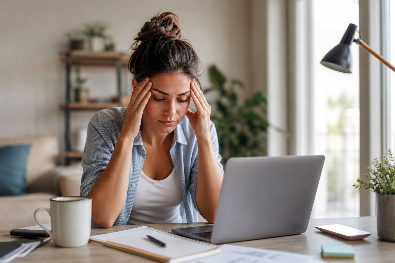 stressed woman holding her head at laptop, returning to work after labor day how therapy helps with career transition anxiety.