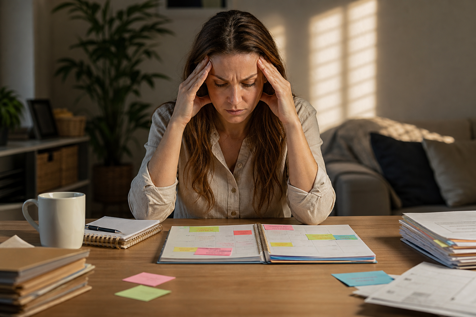 stressed woman looking at her planner, hands on head, grappling with routine change stress management.