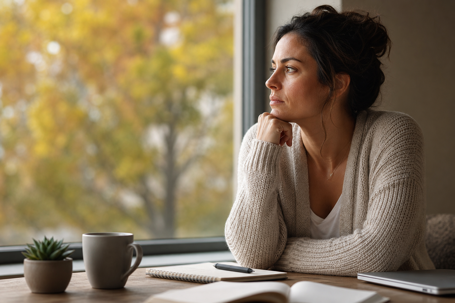 thoughtful woman looking out window, contemplating setting boundaries anxiety.