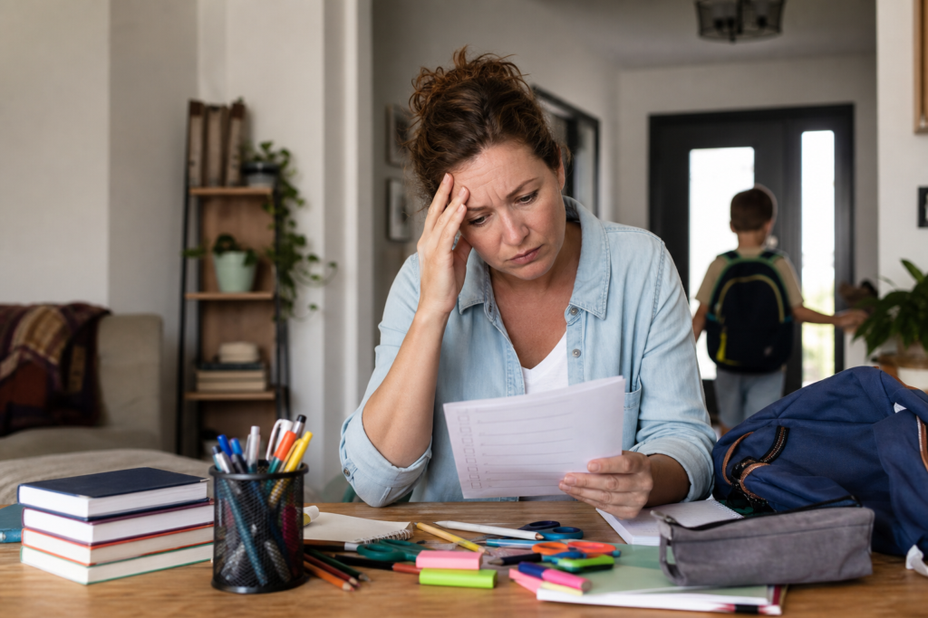 stressed mother reading papers, child leaving in background, depicting parenting anxiety therapy.