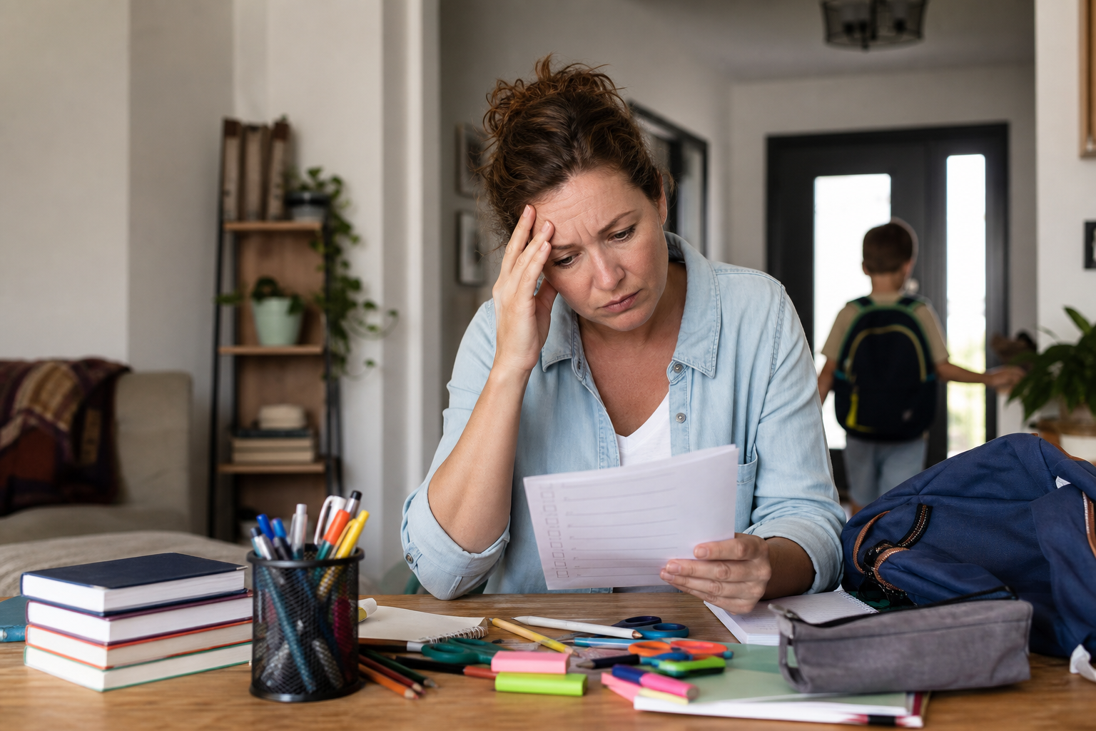 stressed mother reading papers, child leaving in background, depicting parenting anxiety therapy.