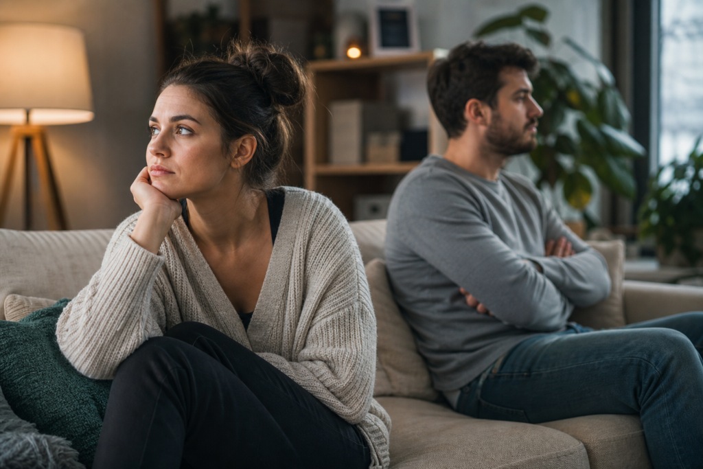 unhappy couple sitting on separate ends of a couch, displaying relationship anxiety routines.