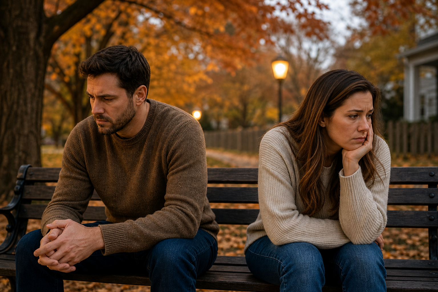 upset couple sitting apart on a park bench in autumn for couples therapy september