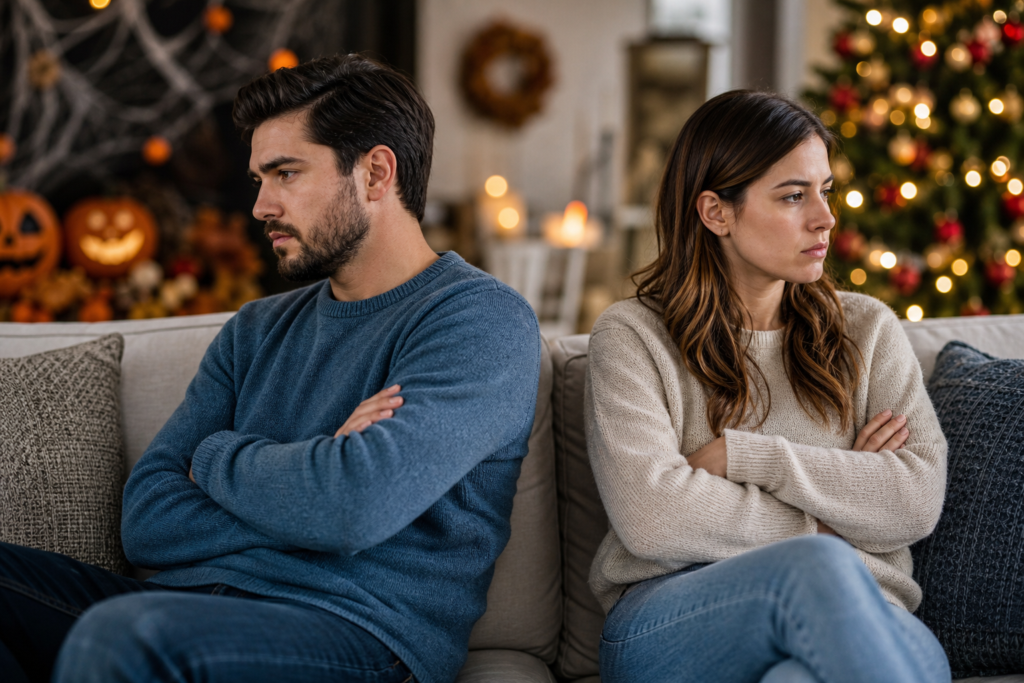 upset couple with crossed arms facing away, illustrating couples therapy holiday conflicts