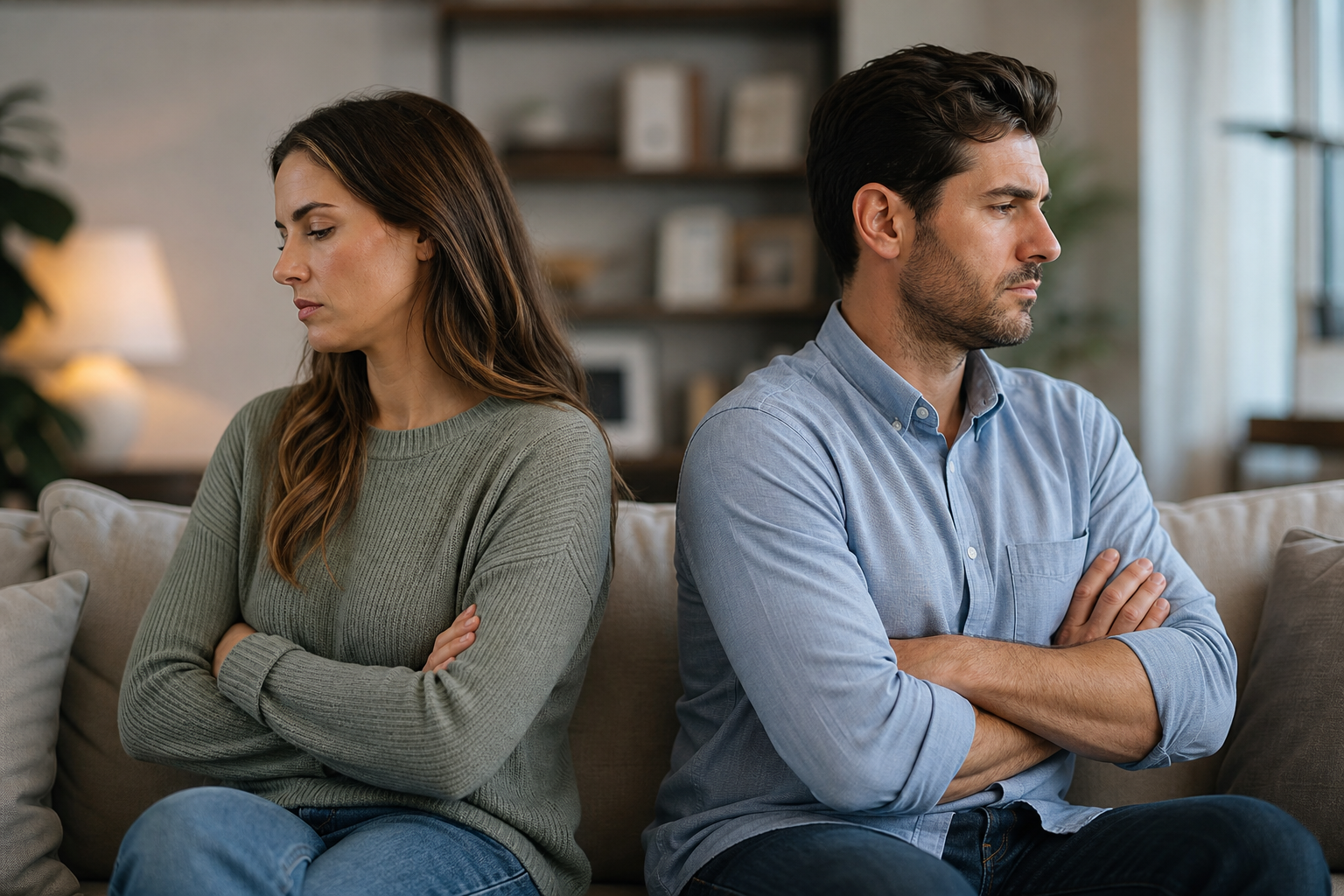 upset couple with crossed arms and backs turned, lacking emotional safety in relationships.