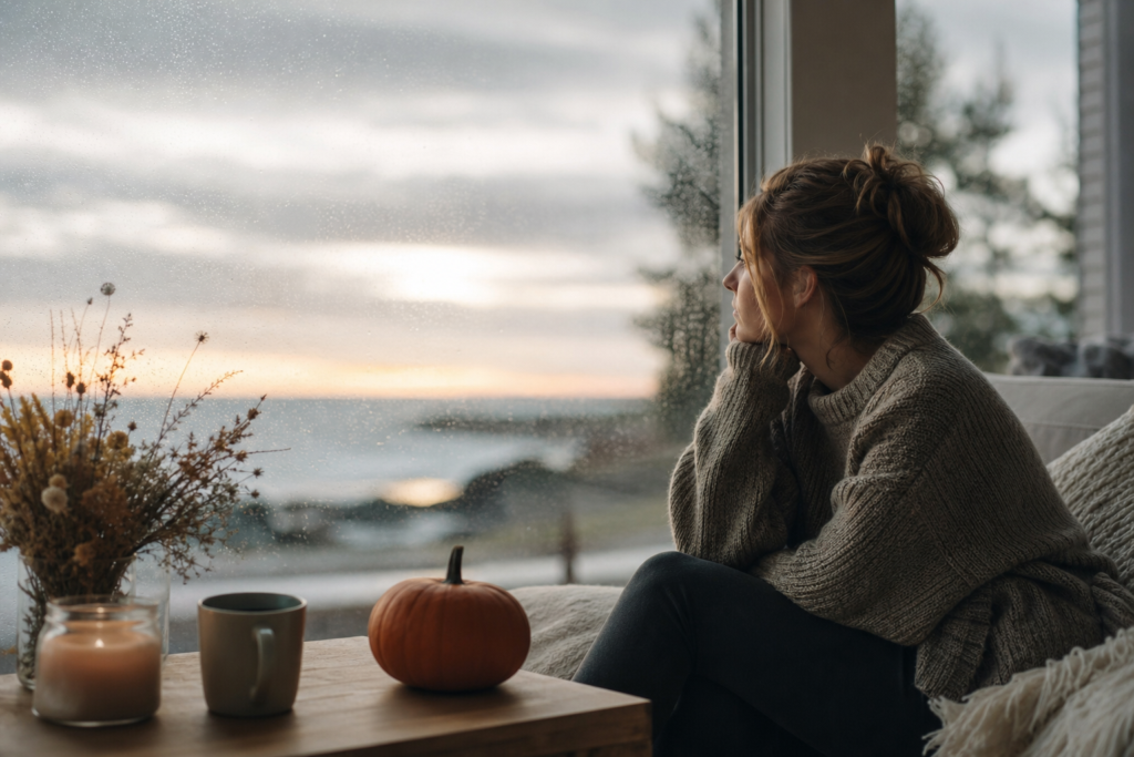 woman in cozy sweater looking out rainy window, fall decor, seasonal affective disorder october.