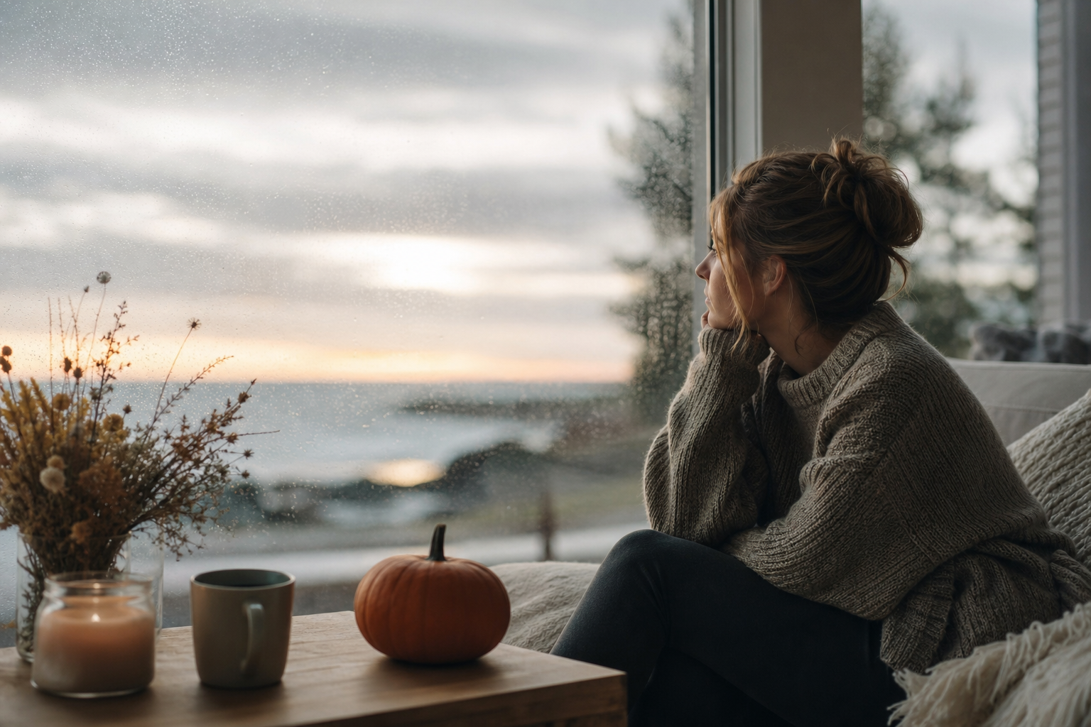 woman in cozy sweater looking out rainy window, fall decor, seasonal affective disorder october.