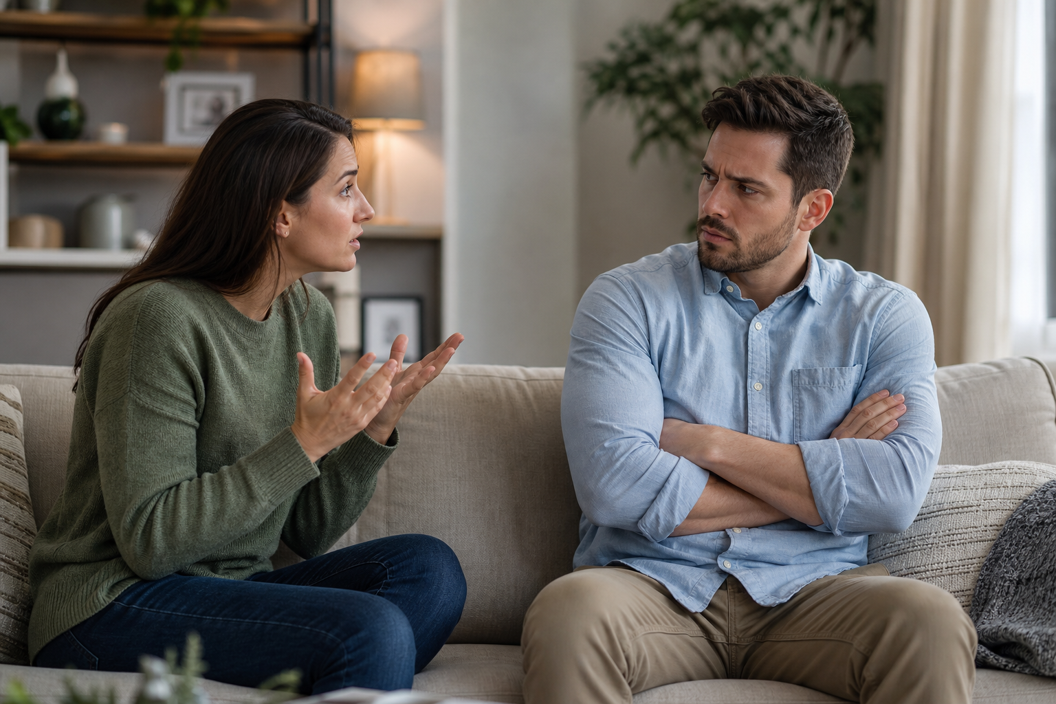 woman gesturing while man with crossed arms looks away during difficult family conversations.
