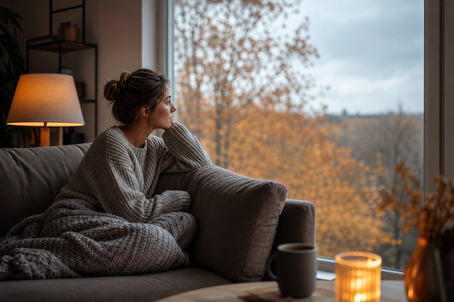 young woman, bundled in sweater and blanket, gazing out window on a gray autumn day, suggesting seasonal affective disorder counseling.