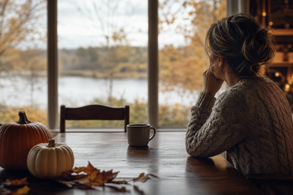 woman in cozy sweater looking out window at fall trees, feeling grief during holidays with pumpkins on table.